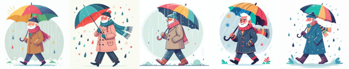 vector of grandfather walking with umbrella in the rain