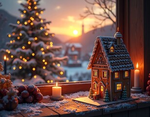 Gingerbread House by Window During Winter Sunset Scene