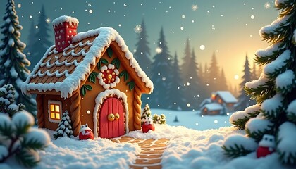 Gingerbread House in Snowy Winter Landscape with Falling Snow