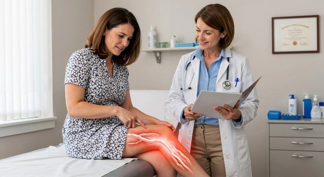 Woman patient pointing at inflamed leg veins with doctor. Varicose veins and circulatory concept. Healthcare and medical consultation.