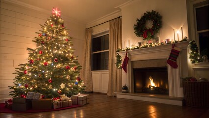 Christmas Tree With Illumination Near the Fireplace. Home Decor