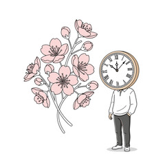 Clock Head Character with Pink Blossom Bouquet