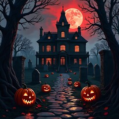 Haunted House with Pumpkins Under Full Moon for Halloween