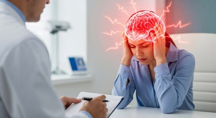 Woman suffering from migraine, holding her head with glowing brain. Doctor writing on clipboard for headache diagnosis. Medical consultation concept.