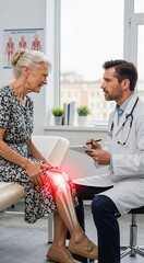 Obraz premium Woman with knee pain graphic visiting male doctor for consultation. Medical concept of elderly patient with osteoarthritis or injury.