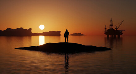 Man on a remote island observing an oil rig at sunset, symbolizing environmental impact and resource extraction