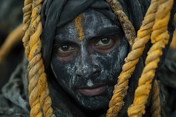 Participant with face covered in ash and rope around waist celebrating playful Lohri tradition, festive cultural ritual, copy space