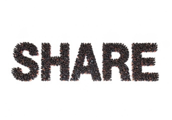 The word share rendered in three dimensions using a texture resembling small dark particles or seeds, isolated on transparent background