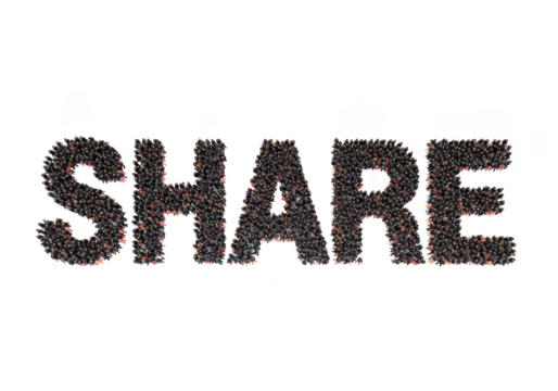 The word share rendered in three dimensions using a texture resembling small dark particles or seeds, isolated on transparent background
