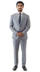 Man in grey suit with hands folded front pose
