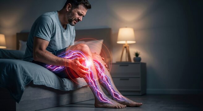 Man feeling severe knee pain, electricity striking in legs. Neuralgia and varicose vein concept, arthritis or injury problem.