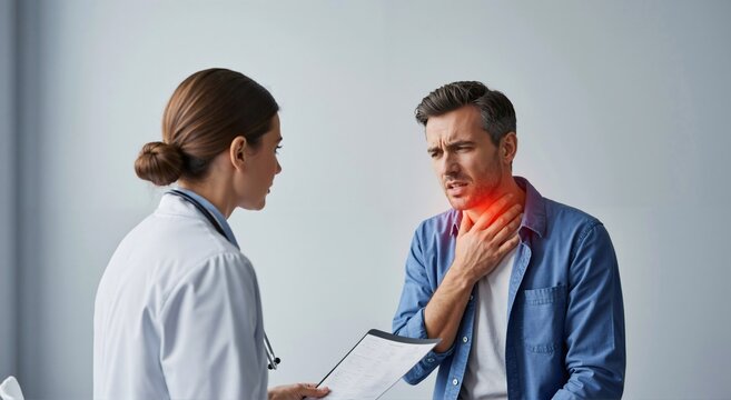 Man suffering from throat pain consultation with a woman doctor. Sore throat and sickness. Diagnosis of flu symptoms by a physician.