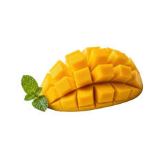A vibrant yellow mango half, scored, cubed, revealing juicy golden-orange flesh on a white ceramic plate with mint, isolated on transparent background. Concept of gourmet fruit presentation
