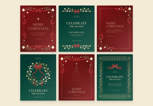 Christmas Flyer Poster Invitation Set in Classic Tradition Greetings Card Style, with Festive Xmas Border Frame, Ribbon Bow & Wreath Elements