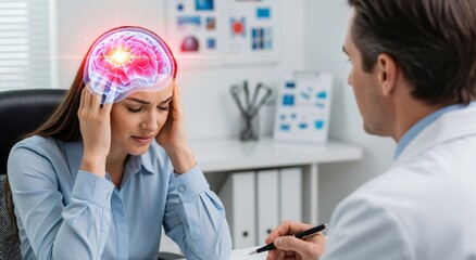 Fototapeta premium Woman with brain pain having consultation with doctor. Headache and migraine concept in medical diagnosis and healthcare.