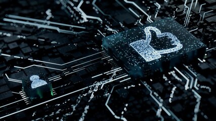 Social Media Technology Concept with like symbol on a Microchip. White Neon Data flows between the CPU and the User across a Futuristic Motherboard. Seamless Loop. - Powered by Adobe