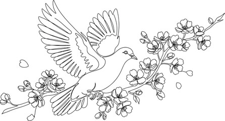 Obraz premium Dove flying with cherry blossom branch in a minimalist line art illustration