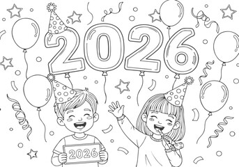 Happy New Year 2026 Coloring Book for Kids, Balloons, Party Hats and Confetti Fun - A Festive Celebration Illustration for Young Artists