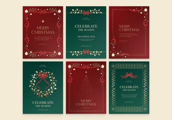 Christmas Flyer Poster Invitation Set in Classic Tradition Greetings Card Style, with Festive Xmas Border Frame, Ribbon Bow & Wreath Elements