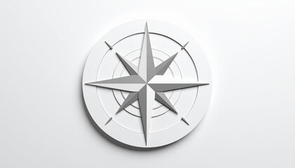3D compass rose with eight directional points in white and gray on circular base, modern minimal style.