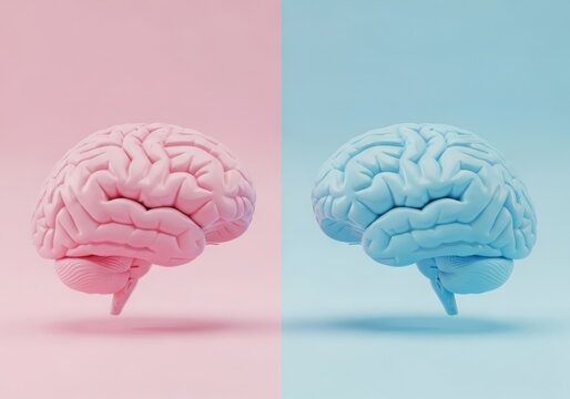 Pink and blue brains representing gender differences in thought
