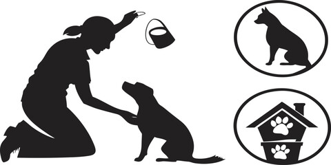 Graphic illustration of a person interacting with a dog during training, alongside symbols for pets and animal shelter