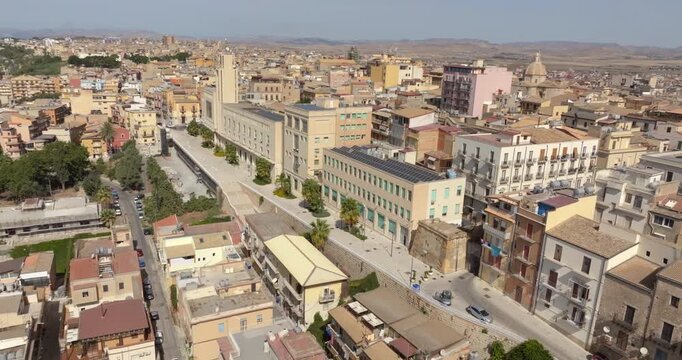 Aerial view of the building housing the town hall of the city of Gela, located in the province of Caltanissetta, Sicily, Italy. The city hall is located near the historic center.