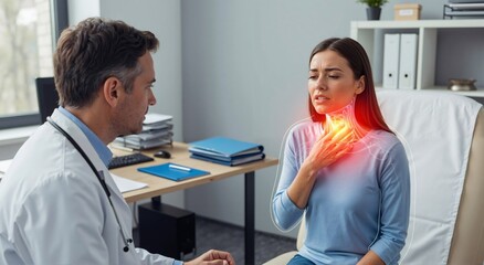 A woman suffering from sore throat experiencing pain, talking to a male doctor. Medical consultation with visualization of disease on patient body.