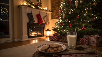Cozy christmas room at night with glass of milk and cookies prepared for the Santa Claus