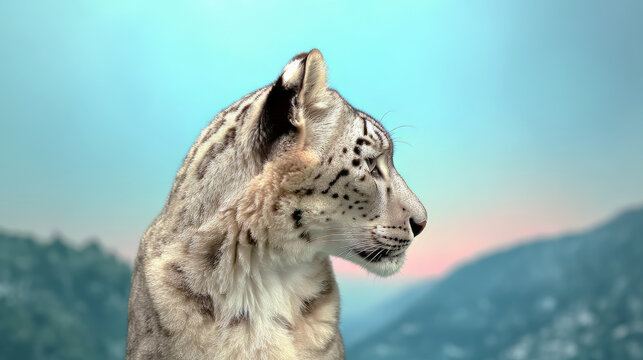 Close-up side-profile of a snow leopard on blue sky background. Beautiful natural cream coat. Surrounding vague mountain outline wraps around head.