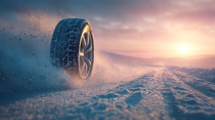 Winter tire speeding through snowy sunset landscape
