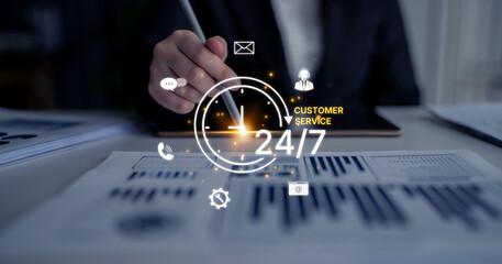 Concept of 24-hour customer service. Providing constant, non-stop support and assistance through...