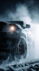 SUV driving through intense night winter storm