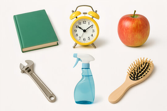 Assorted everyday objects collection including notebook alarm clock apple wrench spray bottle and hairbrush