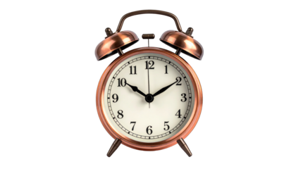 A vintage copper-colored alarm clock with a white face, set against a black background