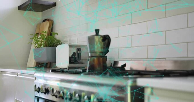 Camera pushing, shifting focus as turquoise overlay drifting, moka pot filling frame showing patina