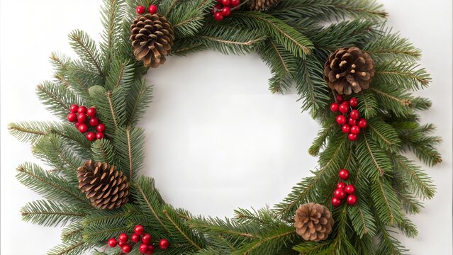 Festive Christmas wreath. Round frame made of coniferous branches decorated with cones and artificial red berries. Wreath isolated on white background, copy space.