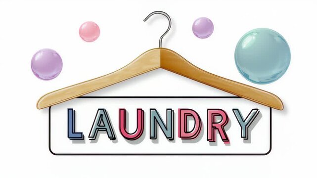 Colorful laundry sign with wooden hanger and vibrant soap bubbles, showcasing a playful design, emphasizing cleanliness and freshness, ideal for laundry services or home decor, with copy space