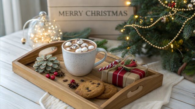 Christmas background. Cup of hot chocolate with marshmallow and cookies, christmas ornaments and gift on wooden tray against stylish christmas tree with lights. Merry Christmas. Winter hygge