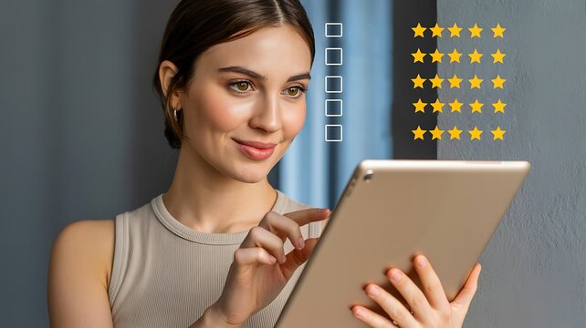 Smiling woman using tablet to give digital star rating and customer feedback
