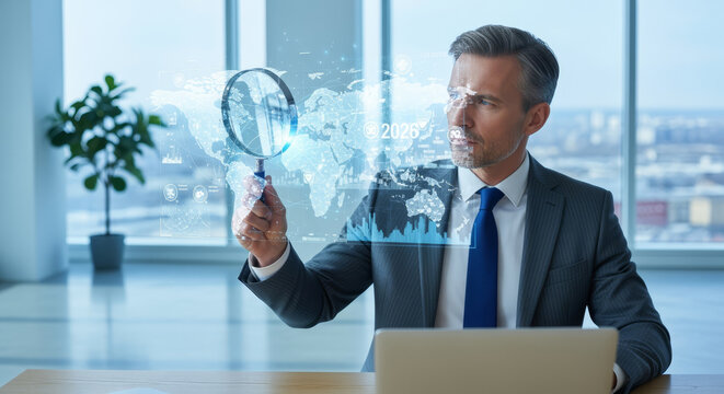 Man in suit examines a holographic world map symbolizing global business insights and future projections.