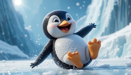 Happy Penguin Sliding on Ice Cartoon Illustration