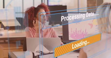 Woman working at tech desk pausing as processing data overlay loading bar, lifting head, thinking - Powered by Adobe