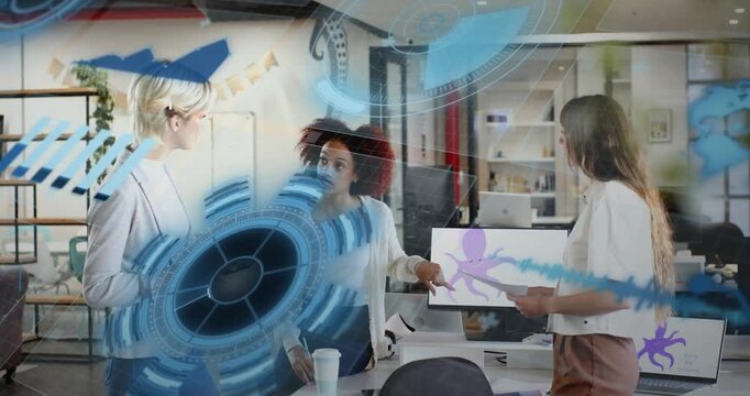 Team of three, center woman pointing octopus screen, sparking blue HUDs over team for design review