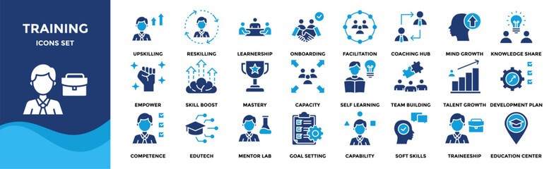 Training icon collection set. Containing upskilling, reskilling, onboarding, facilitation icon