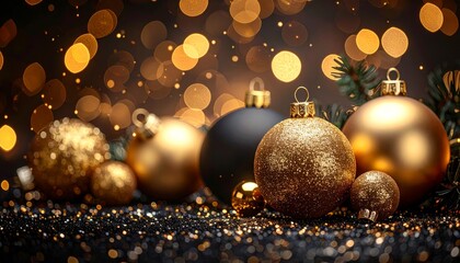 Fototapeta premium Shiny golden Christmas balls and baubles for holiday celebration decoration and winter season background
