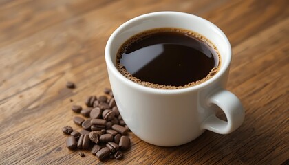 Fototapeta premium Hot Coffee in White Cup with Roasted Coffee Beans on Wooden Table