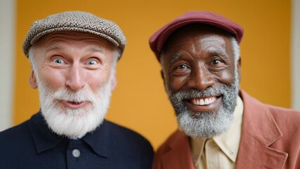 Two joyful elderly men with beards and hats express excitement in a vibrant setting, showcasing a delightful moment of friendship, camera gradually zooms in on their cheerful expressions
