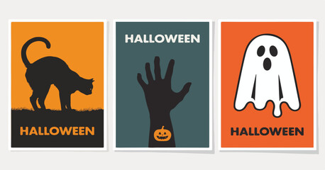 Halloween Poster Set - Minimalist Retro Cat, Zombie Hand, and Ghost Vector Halloween, Poster, Set, Minimalist, Retro, Cat, Zombie,
