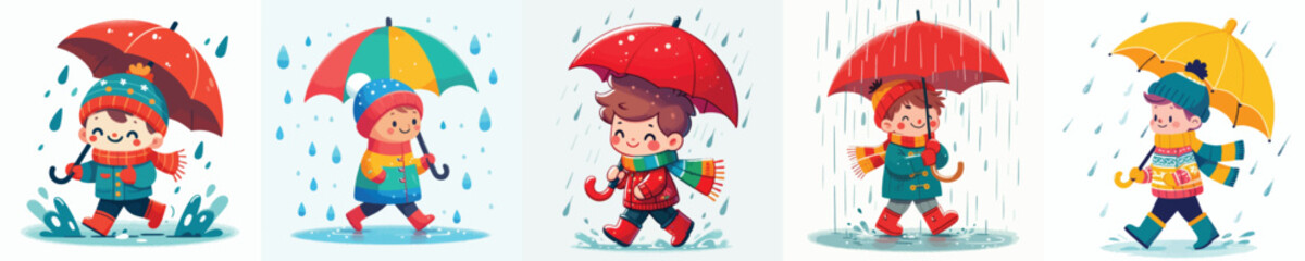 vector of little boy walking with umbrella in the rain
